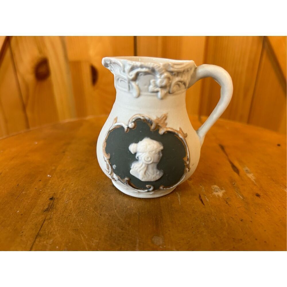 vintage collectible miniature pitcher, cameo - green background-Wedgwood style (